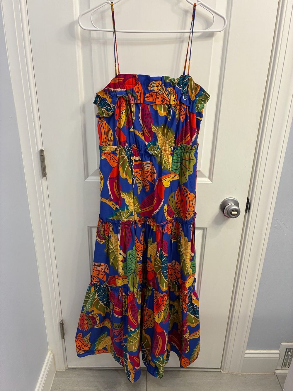 FARM Rio Beaks & Bananas Midi Dress Small Blue Tropical Cotton Tiered Ruffle